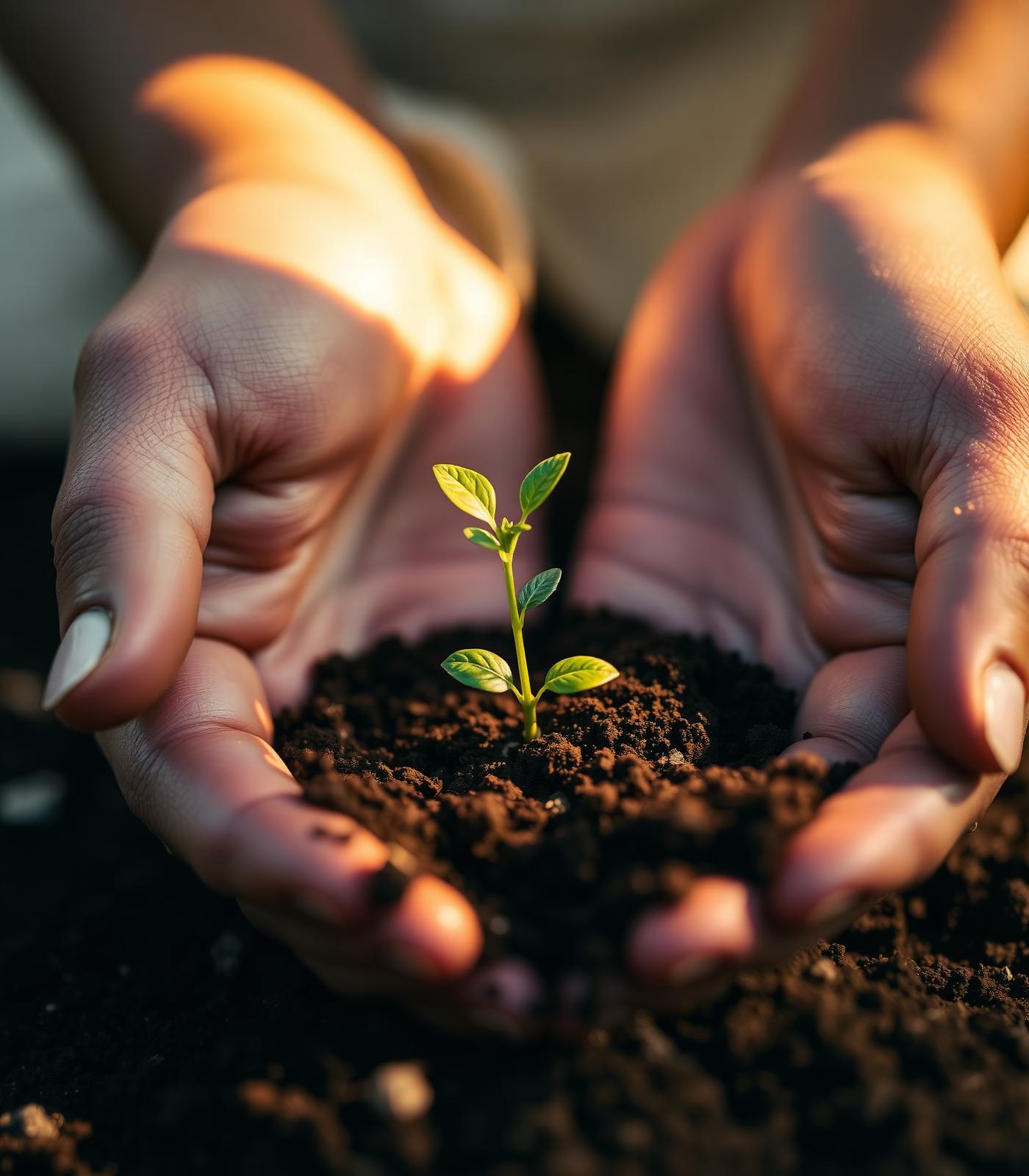 Hands cradling a young seedling in warm soil